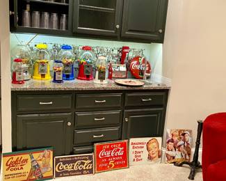 Tin Wall Signs and Several Gumball Machines including, Vintage Glass Globe Gumball Machine by Ford
