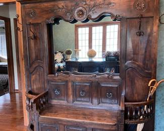 Amazing Antique Hall Tree with Storage Bench, Mirror & 2 Umbrella Stands