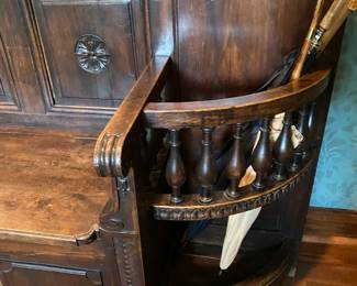 Amazing Antique Hall Tree with Storage Bench, Mirror & 2 Umbrella Stands