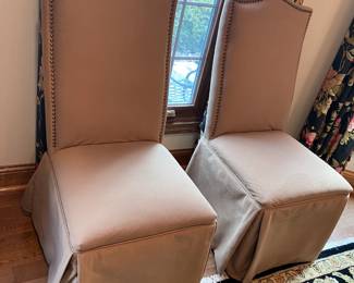 Pair of Skirted High-Back Dining Side Chairs with Studded Trim