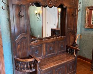 Amazing Antique Hall Tree with Storage Bench, Mirror & 2 Umbrella Stands