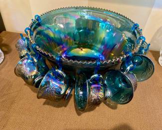 Vintage Indiana Harvest Grape, Blue Carnival Glass Punchbowl & Cups