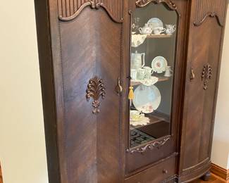Art Deco Walnut Armoire with glass front display shelves. Works well in Dining Room for table clothes and extras
