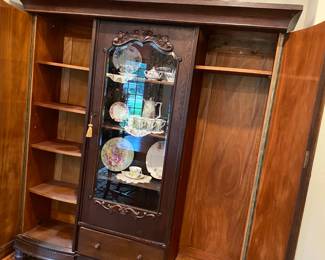 Art Deco Walnut Armoire with glass front display shelves. Works well in Dining Room for table clothes and extras