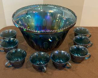 Vintage Indiana Harvest Grape, Blue Carnival Glass Punchbowl & Cups