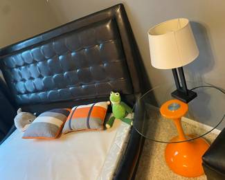 Queen Tufted-Back Bed and Euro Sheila Orange Side Table with Glass Top