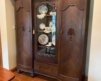 Art Deco Walnut Armoire with glass front display shelves. Works well in Dining Room for table clothes and extras