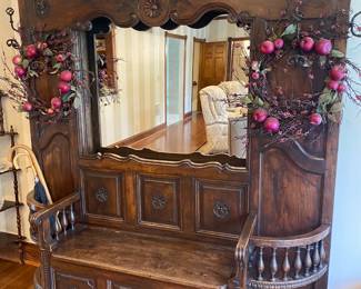 Amazing Antique Hall Tree with Storage Bench, Mirror & 2 Umbrella Stands