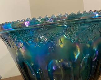 Vintage Indiana Harvest Grape, Blue Carnival Glass Punchbowl & Cups