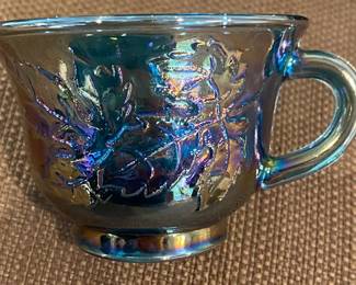 Vintage Indiana Harvest Grape, Blue Carnival Glass Punchbowl & Cups