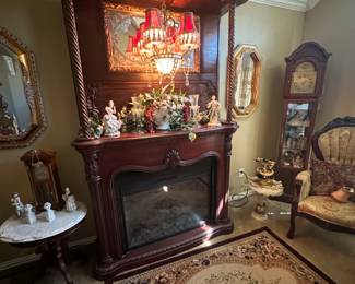 handmade piano mantel with light and fireplace 