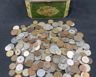 Large Mix of World Coins in Old English Tin