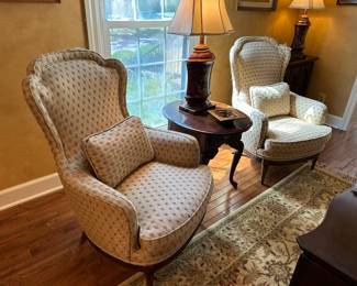 Matching mid century arm chairs, beautiful gold fabric,  does have some damage across the top, could easily be repaired with a upholstery  fabric tape in a complimentary  color