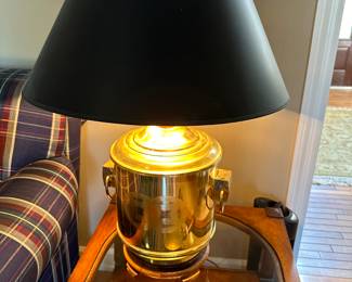 Large vintage brass lamp with black shade
