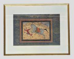 Indian Mughal Print Featuring Warrior And Horse Exquisite Colors in Gilt Wood Frame