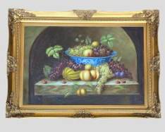 Vintage 20th Century Large Oil On Canvas Fruit Still Life Gilt Frame