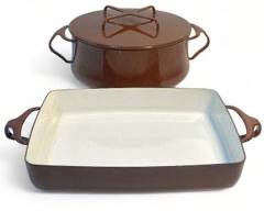 2 Dansk MCM Kobenstyle Brown Enamled Cast Iron Cookware Dishes - Lidded and Handled Casserole Pot and Casserole Dish