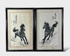 Lot of 2 Asian Horses Painting on Silk Signed Framed