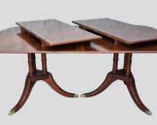 20th C Duncan Phyfe Style Inlaid Mahogany Wood Dining Table with Brass Lions Paw Foot Double Pedestal Dining Table with two extension leaves