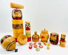 Vintage Hand Crafted Japanese Daruma Stacking Toys, Vintage Hand Painted And Carved Wooden Spinning Toys