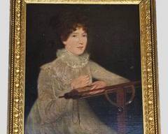 Lovely Antique Painting Portrait of pretty Woman performing Needlework in Gilt Frame