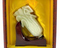 Finely Carved Chinese White Jade Bok Choy Sculpture On Wood Stand in Ornamental Box