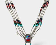 Fine Native American Liquid Sterling Silver Turquoise Coral Malachite Inlaid 20 Inch Necklace 15 Grams