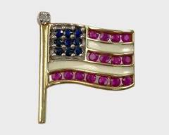 Fine 10K Yellow Gold Gemstone & Enamel American Flag Brooch Pin