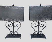 pair Decorative Vintage Black Iron Table Lamps with Rectangular Shades Featuring Cut Out Borders