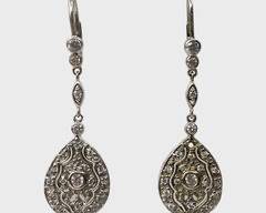 Fine 14K a white Gold & Diamond Pierced Dangle Earrings