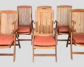 6 Frontgate Teak Slatwood Folding Patio Chairs with Orange Cushions