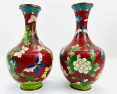 Pair Vintage 1950s Chinese Cloisonne Vases Exceptional Condition Only One Chip On Rim