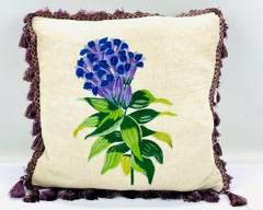 Vintage Hand Embroidered Botanical Accent Pillow with Silk Drop Dangle Tassles