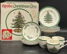Fine Spode Christmas Tree S3324N Saucers, Tea Cups, and Desert Plates With Original Box
