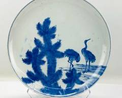 Large Antique 19thC Chinese Blue And White Crane Bird Decorative Charger