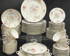 Fine Limoges Floral China Dinner Plates, Salad Plates, Bowls, Desert Plates, Saucers, Tea Cups, Tureen With Lod, and Oval Plater