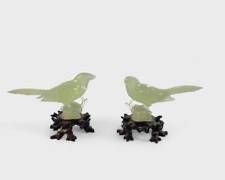 Pair Of Asian Carved Jade Birds On Wooden Base