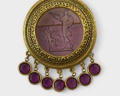 Vintage Signed Goldette Intaglio Cupid Purple Rhinestone Pin