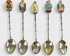 5 Fine Toshikane Japan Sterling Silver Porcelain Satsuma Finial Spoons - 53 Grams