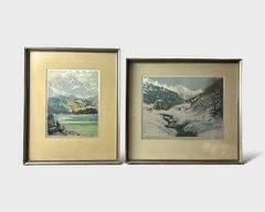 Hans Figura Lot of 2 Landscapes Etching on Silk Framed under Glass