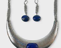Lapis Lazuli Modernist Statement Stainless Steel 20 Inch Necklace W/ Matching Pierced Earrings