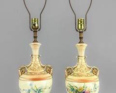Pair Hand-Painted Porcelain Urn Table Lamps Royal Worchester w/Matching Finials
