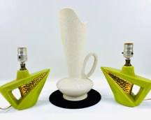 China Craft 14" MCM Speckled Vase Ewe #C414 And Mid Century Modern Green Boomerang Table Lamps