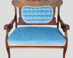 Antique Victorian Handcarved Inlaid Settee Sofa Handcarved Wood with Blue Velvet Tufted Upholstery