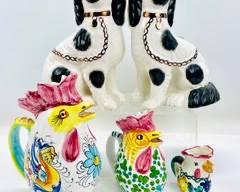 Pair Antique Staffordshire White & Black Spaniel Dogs And Italian Hand Painted Pitcher Set