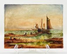 Antique 1907 Signed Hand Painted Porcelain Seascape w/Sailing Ships ML Joynt