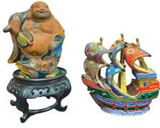 Vintage Japanese Kutani Happy Buddha Figure and Kutani Sailing Clipper Ship