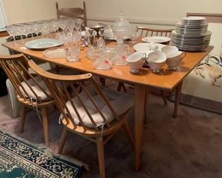 Beautiful Rare Conant Ball MCM Dining Table with 2 leaves and pads with 6 matching Chairs, also available is matching lovely Mirrored Dining Room Buffet, Bed, End Tables, and Bookcase Cabinet all in Beautiful Condition!!! Many other pieces of MCM Furniture in Beautiful Condition for sale in this estate.