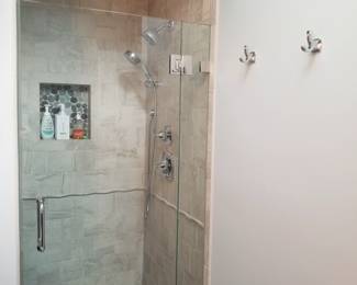 Glass shower doors; shower hardware