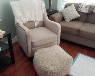 Neutral tone arm chair; ottoman